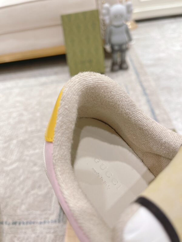 sy_no_9CFBFCCAAE979CAC222E5DD26CD60184_8 Gucci MAC8 Leather Sneaker in Pink & Yellow with Web Stripe
