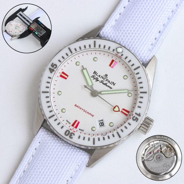 BLANCPEIN automatic mechanical movement 300 meter waterproof heart-shaped pointer women's watch Swiss watch 38mm white dial stainless steel case canvas strap