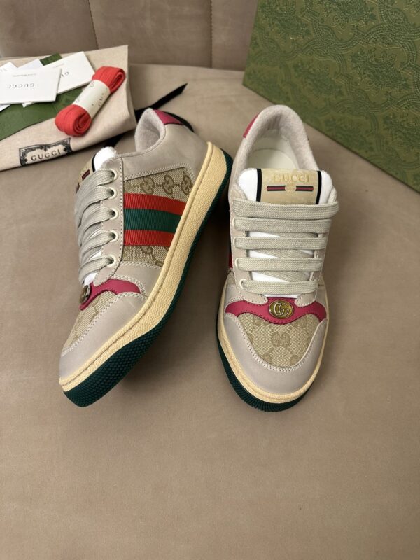 Gucci MAC8 GG Canvas & Suede Sneaker with Pink Accents & Interlocking G Medallion