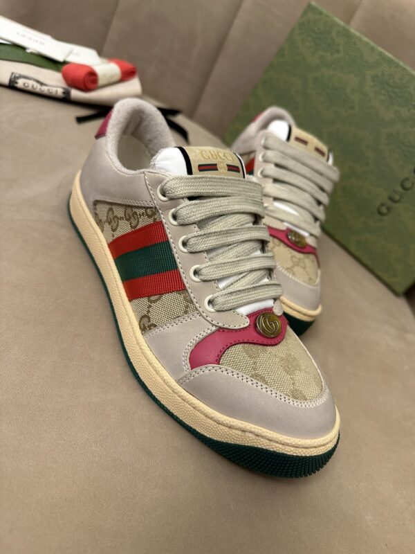 Gucci MAC8 GG Canvas & Suede Sneaker with Pink Accents & Interlocking G Medallion