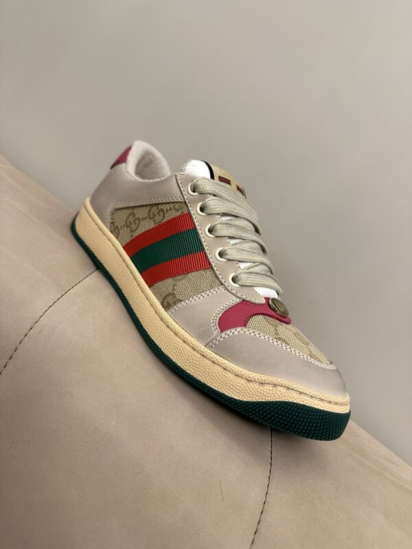 Gucci MAC8 GG Canvas & Suede Sneaker with Pink Accents & Interlocking G Medallion