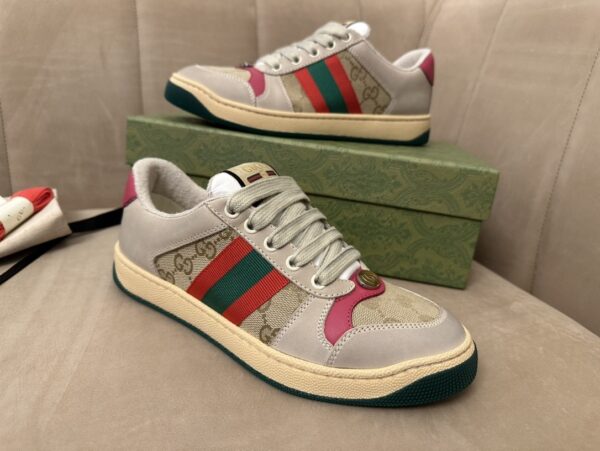 Gucci MAC8 GG Canvas & Suede Sneaker with Pink Accents & Interlocking G Medallion