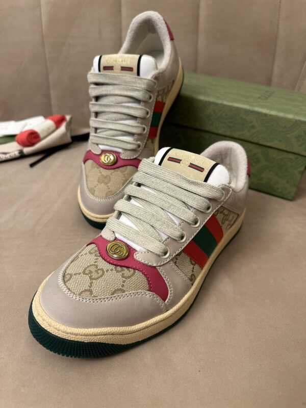 Gucci MAC8 GG Canvas & Suede Sneaker with Pink Accents & Interlocking G Medallion