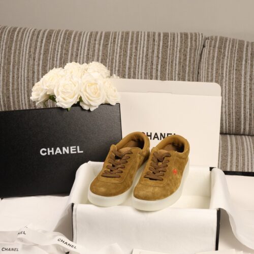 Chanel Brown Suede Low-Top Sneaker with Platform Sole and CC Logo