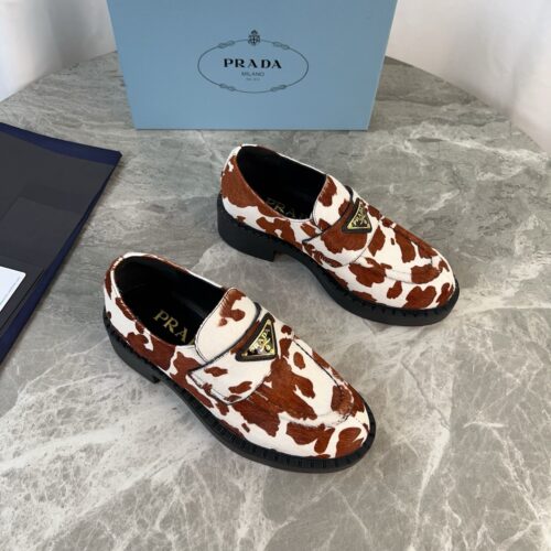 sy_no_A049757C8C1ACB1EC8A2BB18DDC4AD3B_0 Prada Brown White Cow Print Pony Hair Block Heel Loafer