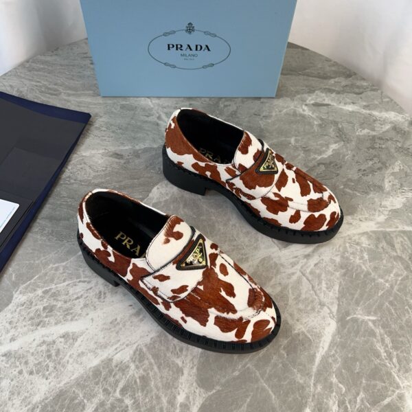 sy_no_A049757C8C1ACB1EC8A2BB18DDC4AD3B_0 Prada Brown White Cow Print Pony Hair Block Heel Loafer