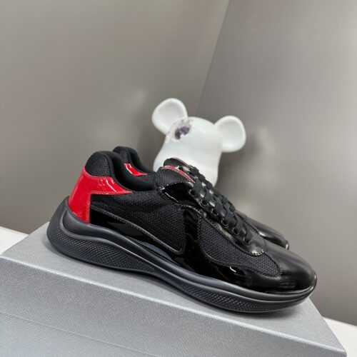 Prada Black Mesh Patent Red Heel Chunky Casual Sneaker