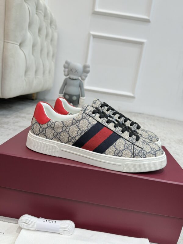 sy_no_A452867891CEFA573E8425B6CD338327_0 Gucci Screener GG Supreme Canvas Sneaker with Blue/Red Web Stripe