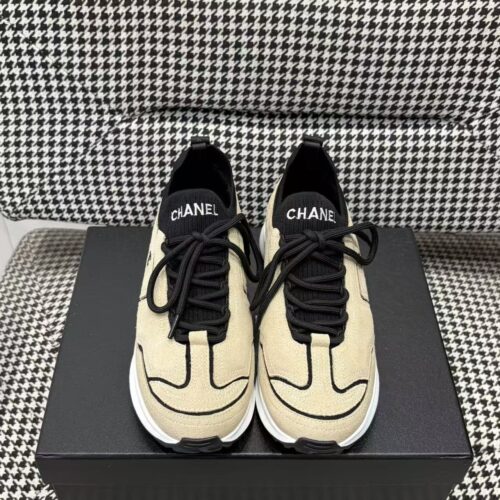 sy_no_A6EAB22A0111CE1F91F5B2B2C004F24F_0 Chanel Suede & Knit Sock-Collar Platform Trainer Beige-Black-Knit