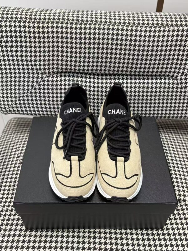 sy_no_A6EAB22A0111CE1F91F5B2B2C004F24F_0 Chanel Suede & Knit Sock-Collar Platform Trainer Beige-Black-Knit