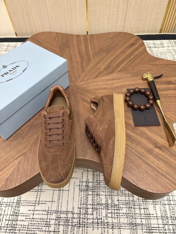 Prada Brown Suede Leather-Spliced Gum-Sole Low-Top Sneaker