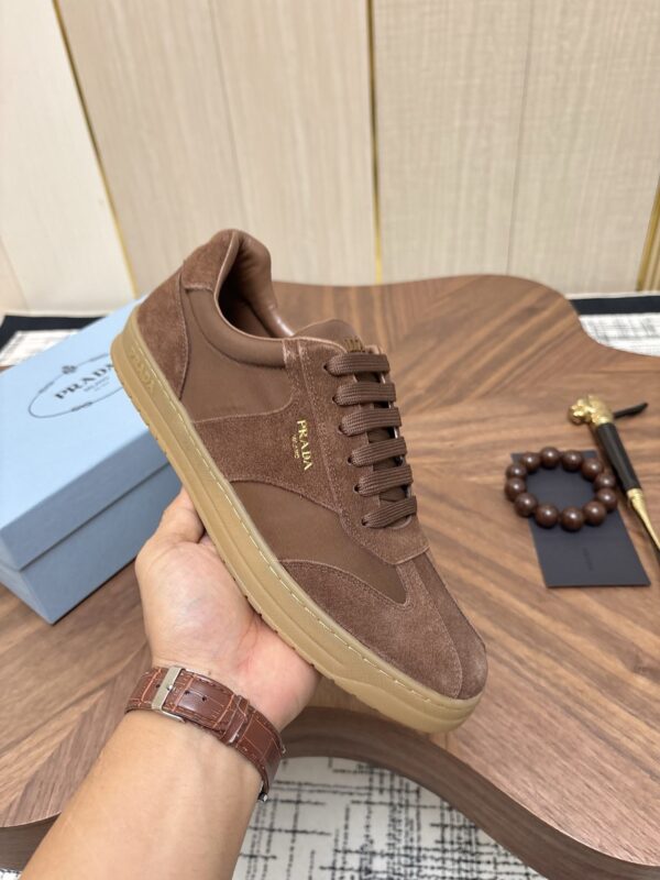 Prada Brown Suede Leather-Spliced Gum-Sole Low-Top Sneaker