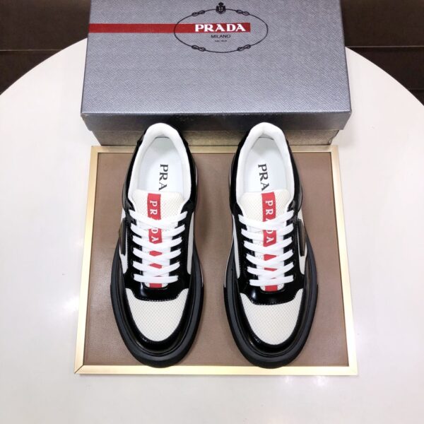 Prada Black-White Patent Mesh Red-Tongue Platform Sneaker