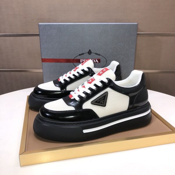Prada Black-White Patent Mesh Red-Tongue Platform Sneaker