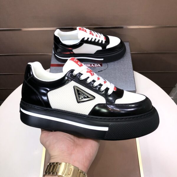 Prada Black-White Patent Mesh Red-Tongue Platform Sneaker
