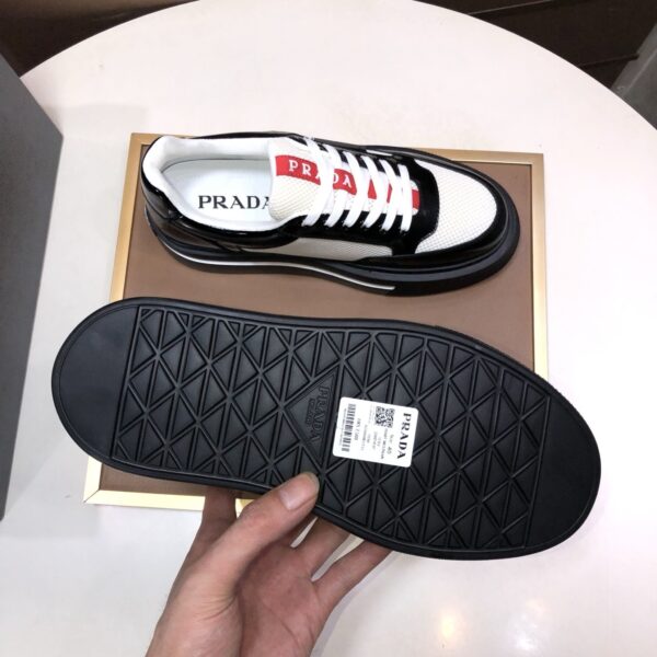 Prada Black-White Patent Mesh Red-Tongue Platform Sneaker