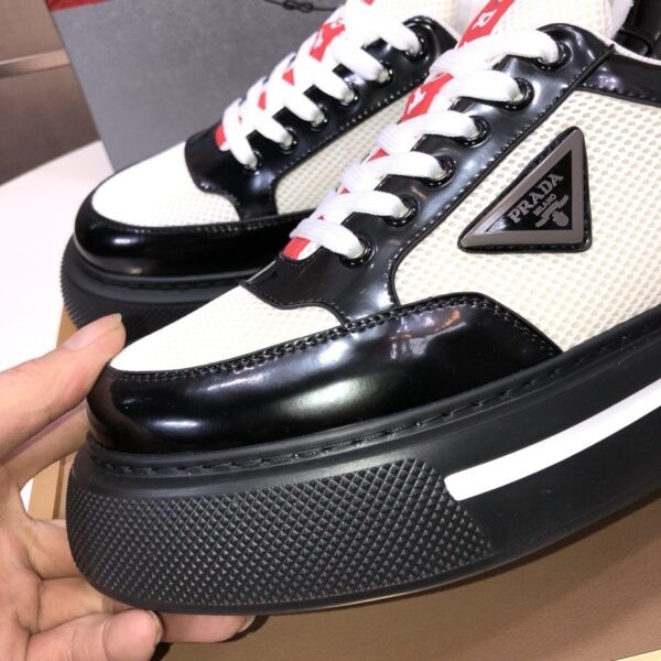Prada Black-White Patent Mesh Red-Tongue Platform Sneaker