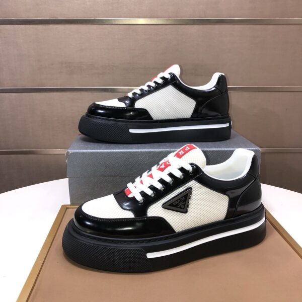 Prada Black-White Patent Mesh Red-Tongue Platform Sneaker
