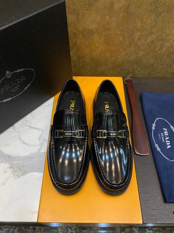 Prada Black Patent Leather Metal Buckle Loafers