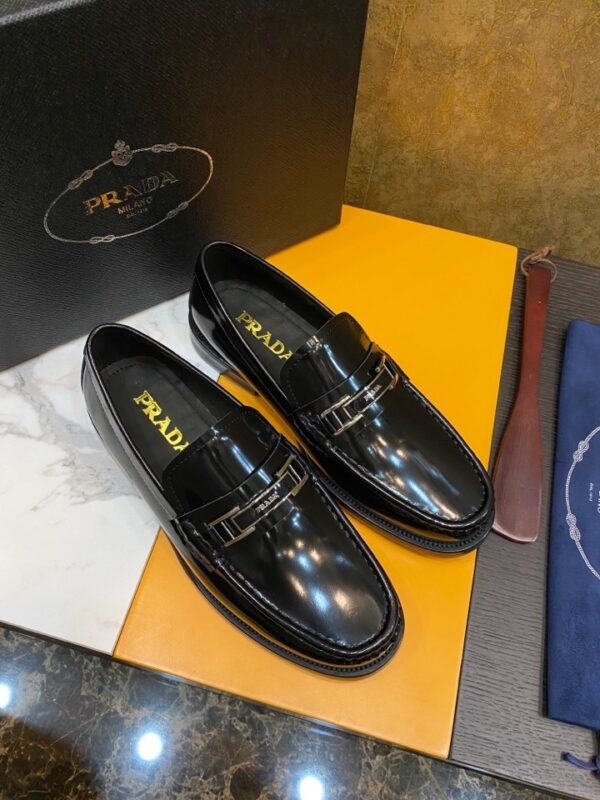 Prada Black Patent Leather Metal Buckle Loafers