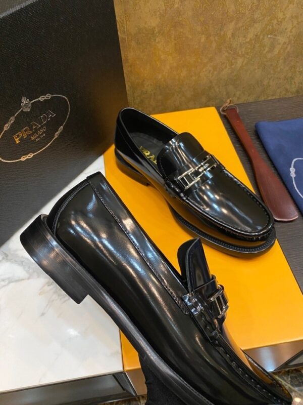 Prada Black Patent Leather Metal Buckle Loafers