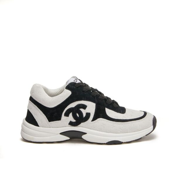 sy_no_AA1F80B4DE2C1D9D17DF0999DEB6E3B1_1 Chanel Black and White Monogram Embossed Low-Top Sneaker with Suede Detailing and CC Logo