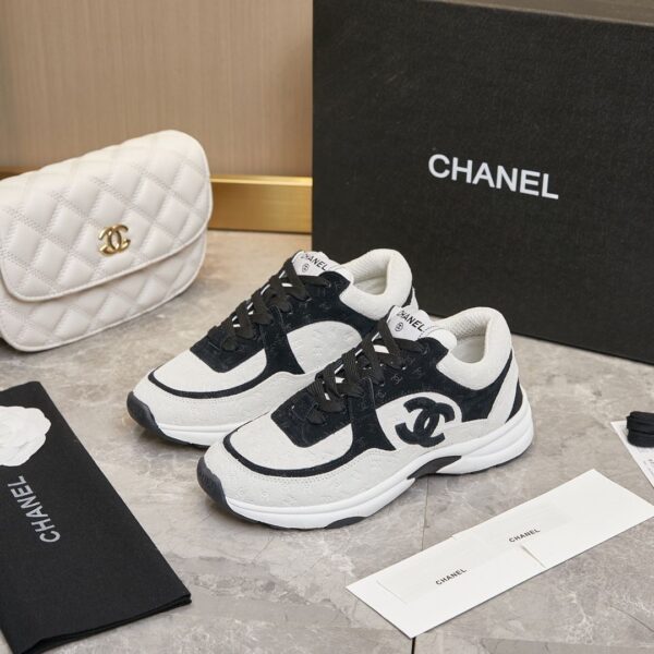 sy_no_AA1F80B4DE2C1D9D17DF0999DEB6E3B1_2 Chanel Black and White Monogram Embossed Low-Top Sneaker with Suede Detailing and CC Logo