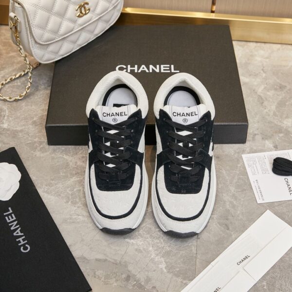 sy_no_AA1F80B4DE2C1D9D17DF0999DEB6E3B1_3 Chanel Black and White Monogram Embossed Low-Top Sneaker with Suede Detailing and CC Logo