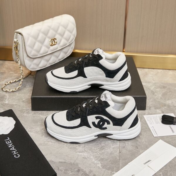 sy_no_AA1F80B4DE2C1D9D17DF0999DEB6E3B1_5 Chanel Black and White Monogram Embossed Low-Top Sneaker with Suede Detailing and CC Logo