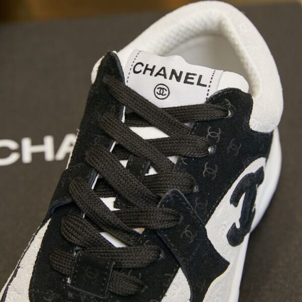 sy_no_AA1F80B4DE2C1D9D17DF0999DEB6E3B1_6 Chanel Black and White Monogram Embossed Low-Top Sneaker with Suede Detailing and CC Logo