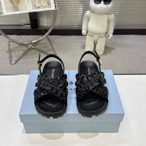Prada Black Satin Ruched Cross-Strap Platform Sandal
