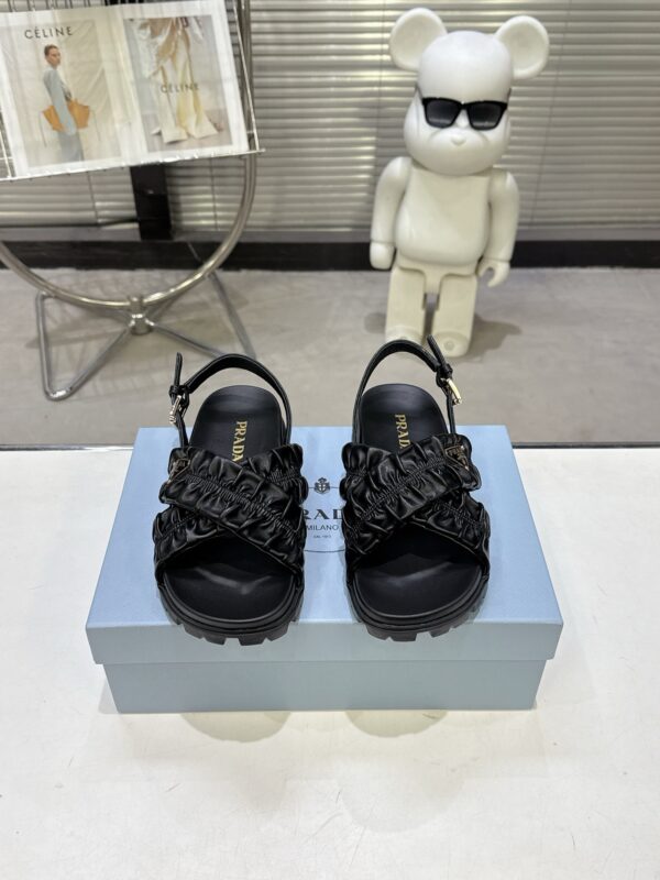sy_no_ACB46E63D67ABDBA64E976E3D2B96C41_0 Prada Black Satin Ruched Cross-Strap Platform Sandal
