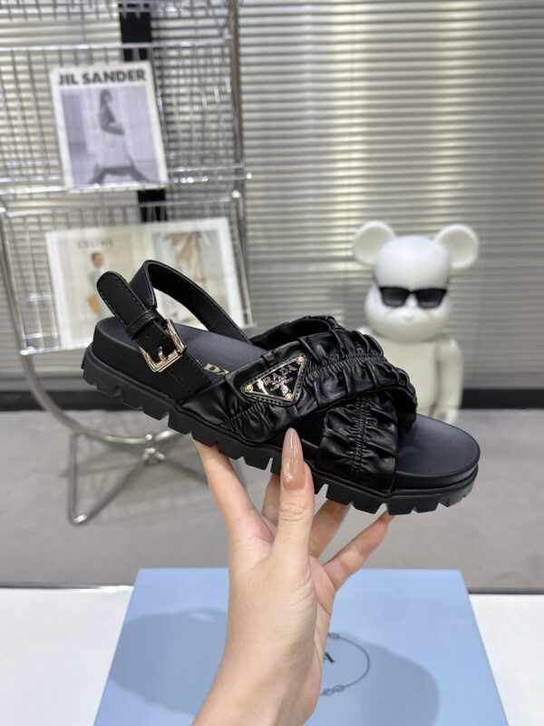 sy_no_ACB46E63D67ABDBA64E976E3D2B96C41_4 Prada Black Satin Ruched Cross-Strap Platform Sandal