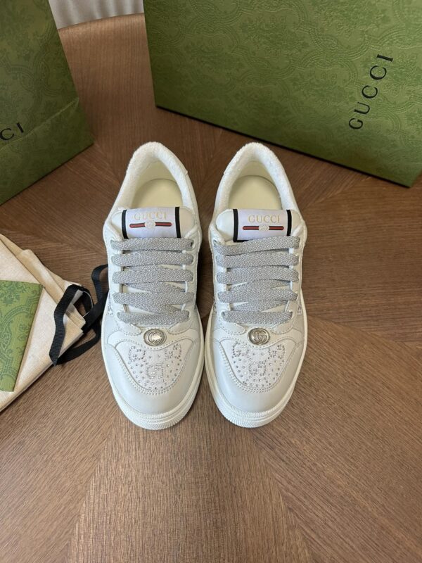 sy_no_AD6F2FD7F96F9DBD7D72F0A49AA621E5_0 Gucci MAC8 Leather Sneaker with Crystals & Silver Glitter Laces