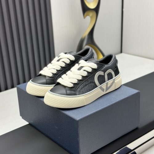 Dior Black Leather Denim Jacquard White Thick Lace Low-Top Sneaker