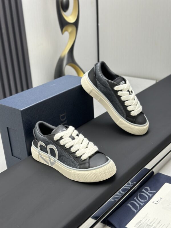 sy_no_AD7B73F9A8ACD02426996CB691EE00A6_2 Dior Black Leather Denim Jacquard White Thick Lace Low-Top Sneaker