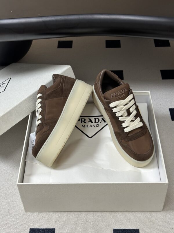 sy_no_AD8542AC201A72C5AF88292F7B6E65BE_3 Prada Brown Suede Gold Triangle Platform Sneaker