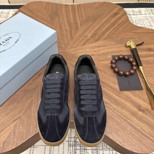 sy_no_AF6D779CC561F265D45045A56E17671E_0 Prada Navy Suede Leather-Spliced Gum-Sole Low-Top Sneaker