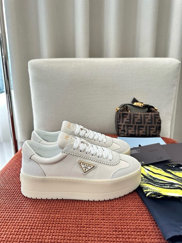 sy_no_B070B9A49641834C79A6C9DE2055A510_5 Prada Off-White Suede Gold Triangle Platform Sneaker