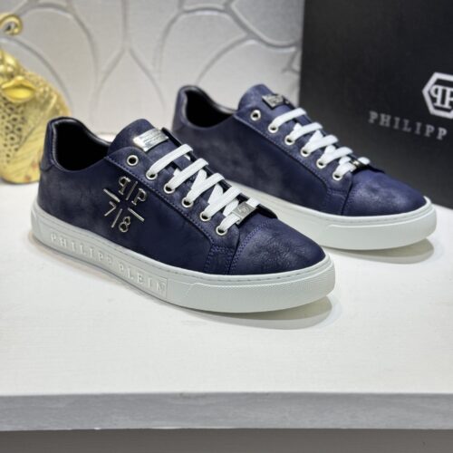 Philipp Plein Navy Blue Vintage Leather Metal-Logo Low-Top Sneaker