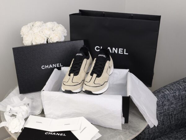 Chanel Beige and Black Mixed Material Low-Top Sneaker with Contrast Piping and CC Logo