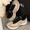Chanel Beige and Black Mixed Material Low-Top Sneaker with Contrast Piping and CC Logo