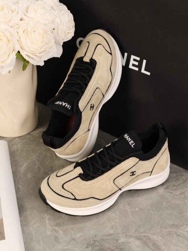 Chanel Beige and Black Mixed Material Low-Top Sneaker with Contrast Piping and CC Logo
