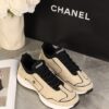 Chanel Beige and Black Mixed Material Low-Top Sneaker with Contrast Piping and CC Logo