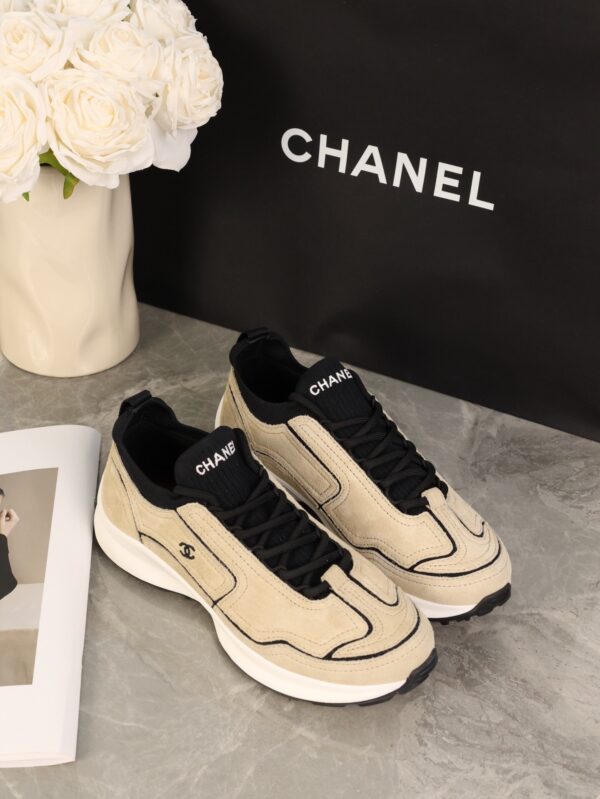 Chanel Beige and Black Mixed Material Low-Top Sneaker with Contrast Piping and CC Logo