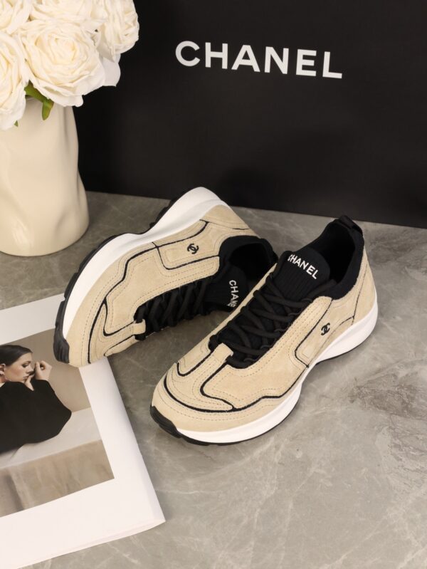 Chanel Beige and Black Mixed Material Low-Top Sneaker with Contrast Piping and CC Logo