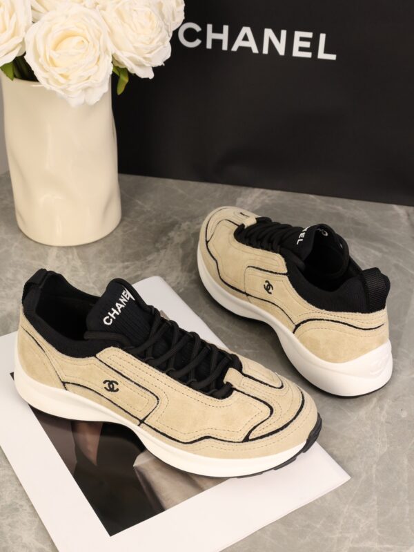 Chanel Beige and Black Mixed Material Low-Top Sneaker with Contrast Piping and CC Logo