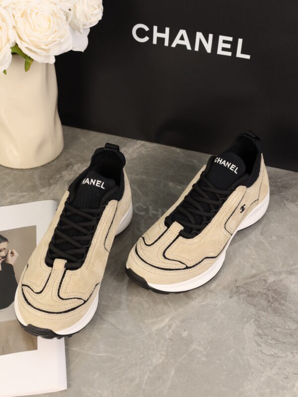 Chanel Beige and Black Mixed Material Low-Top Sneaker with Contrast Piping and CC Logo