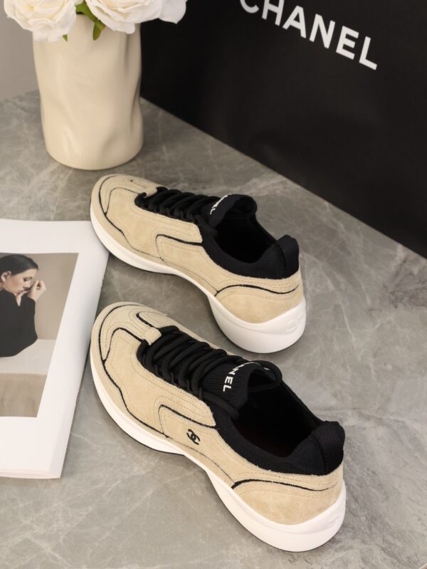 Chanel Beige and Black Mixed Material Low-Top Sneaker with Contrast Piping and CC Logo