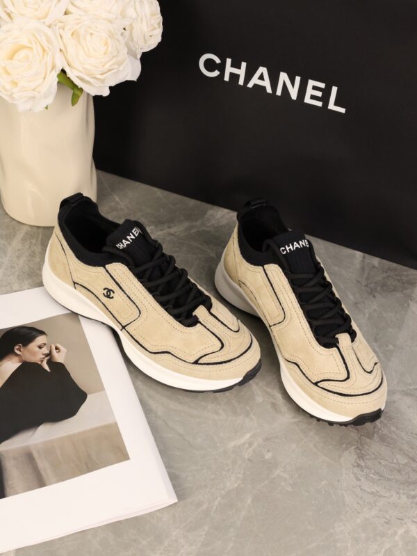 Chanel Beige and Black Mixed Material Low-Top Sneaker with Contrast Piping and CC Logo